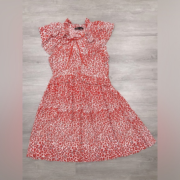Maje White/Red Leopard Printed Ruffle Detailed Dress Size 1 (or Size Small) - Picture 2 of 8